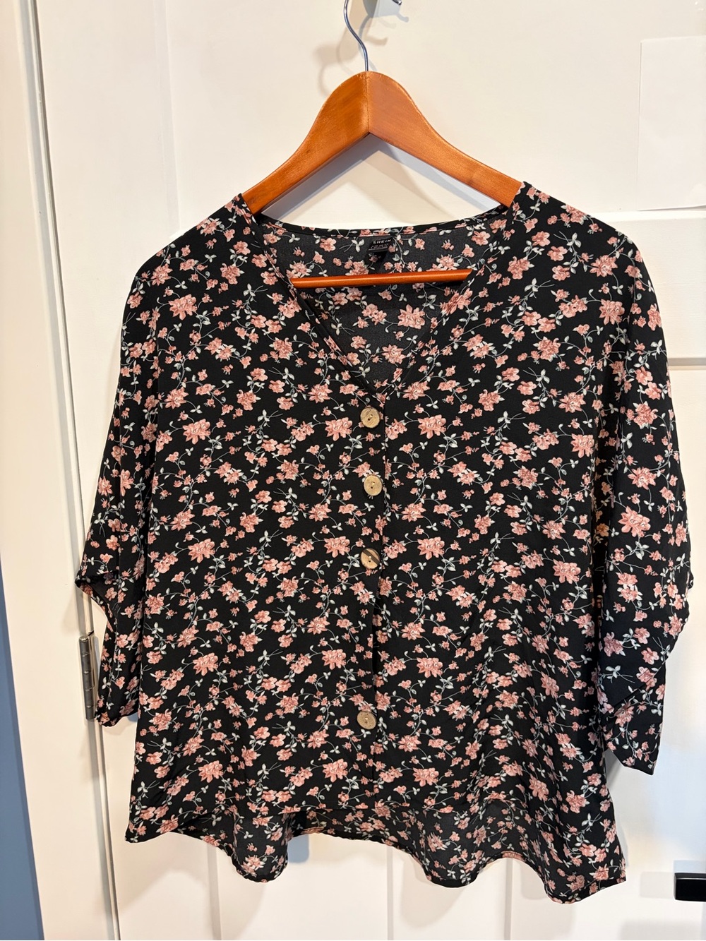SHEIN Black Button-Front Blouse with Pink Floral Print